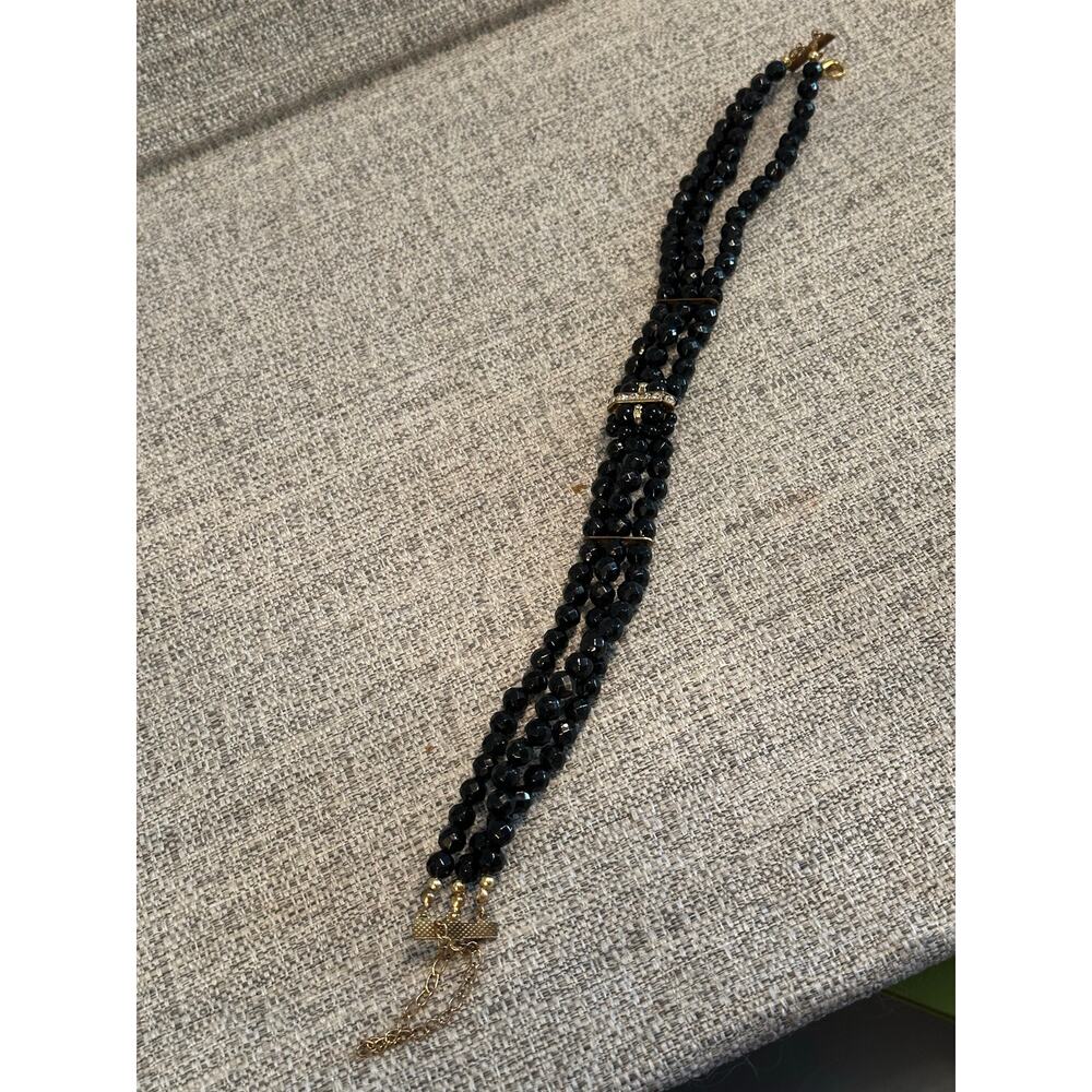 VTG Black Multi Strand Beaded Choker Necklace Gold Tone Rhinestone Accent Adjust